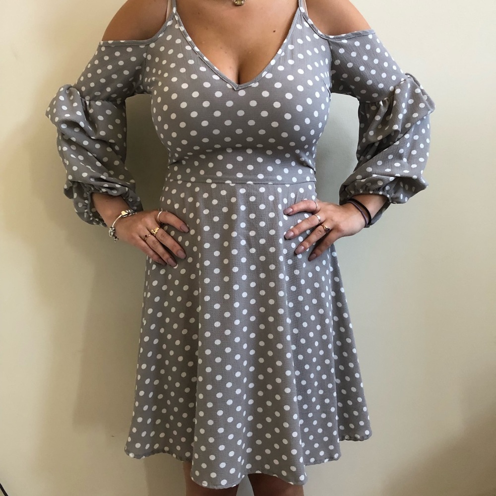Gray and White Polkadot Dress - S - Off Shoulder